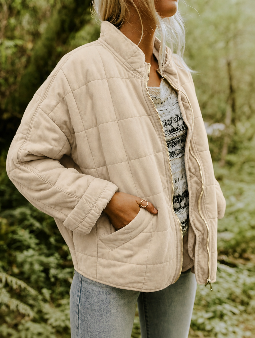 Vista lateral de la chaqueta acolchada beige con cremallera abierta y mano dentro del bolsillo delantero.