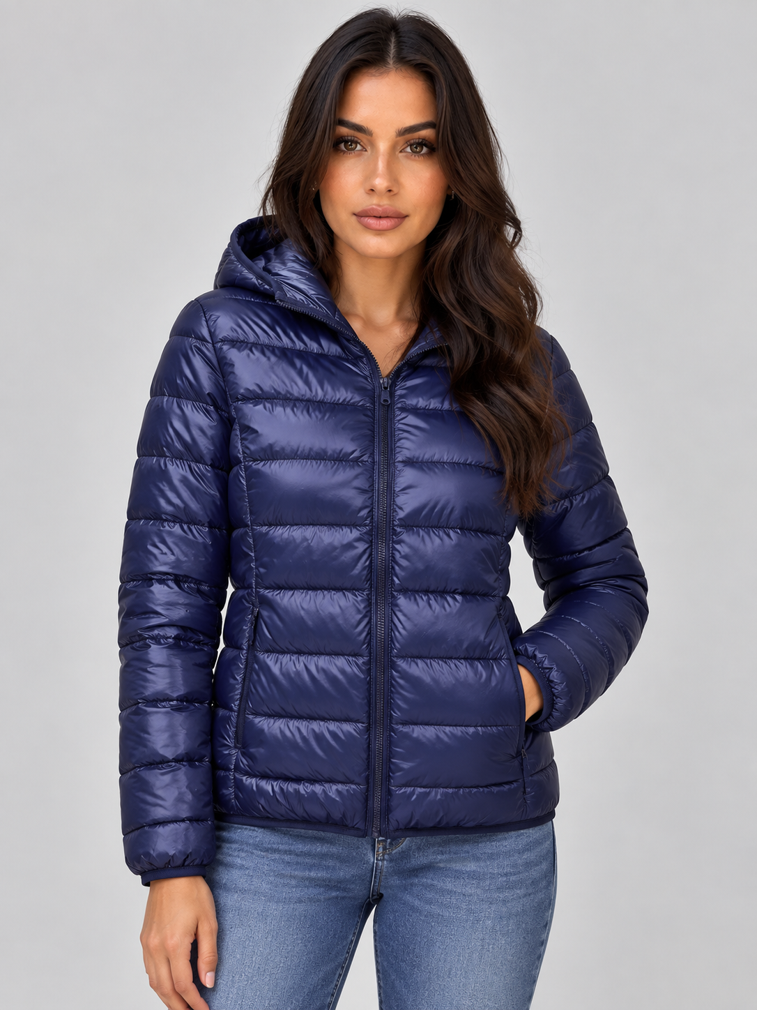 Chaqueta acolchada ligera azul marino con capucha, cierre frontal y bolsillo lateral visible.