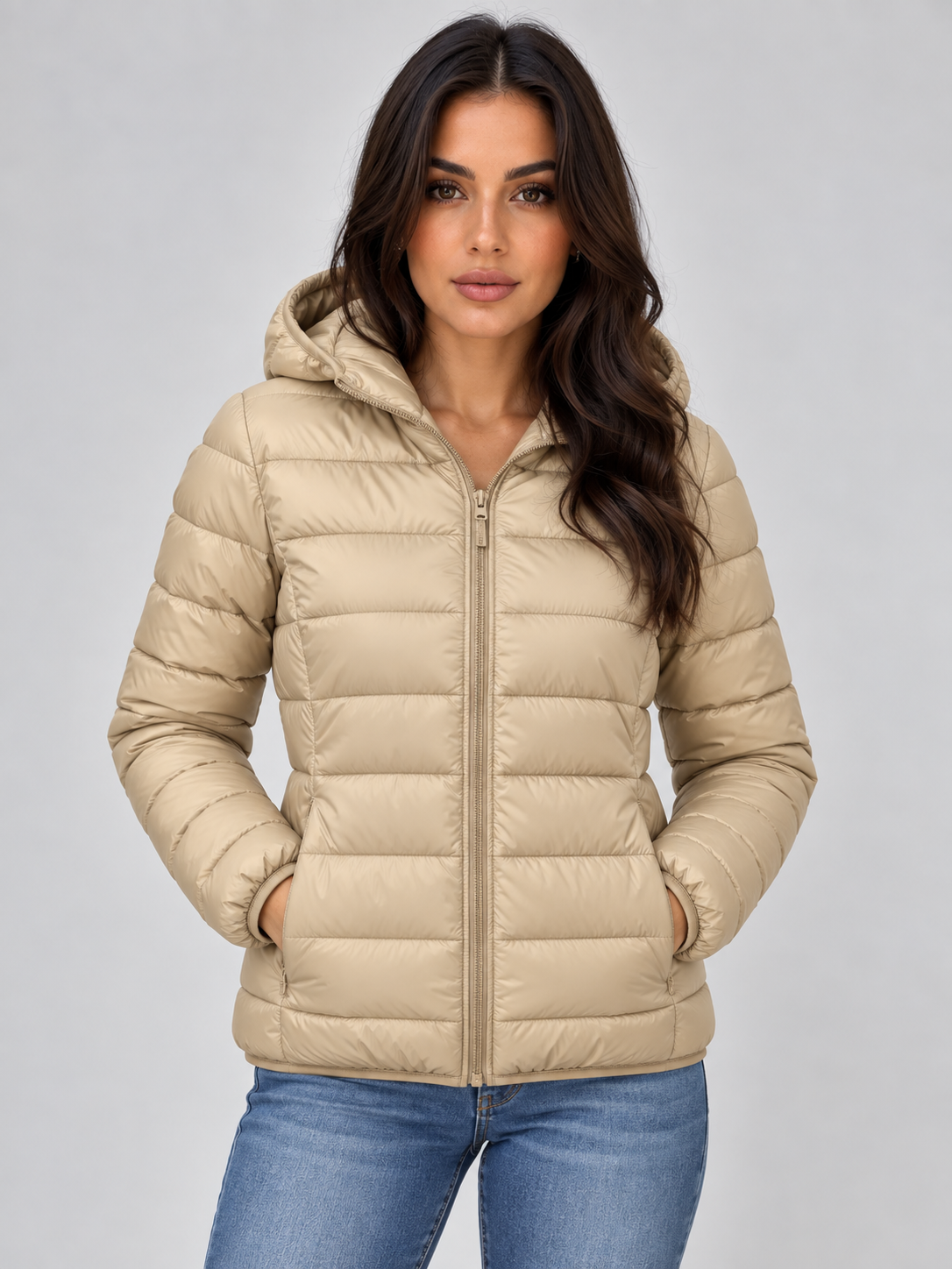 Chaqueta acolchada ligera beige con capucha, cierre frontal completo y bolsillos laterales.