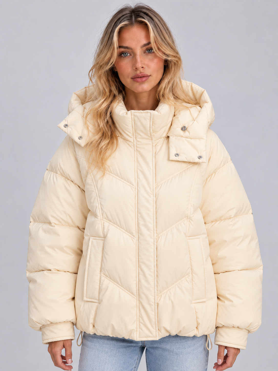 Vista frontal de una chaqueta acolchada oversize en tono crema, con capucha, cuello alto, cierre central y dos bolsillos delanteros.