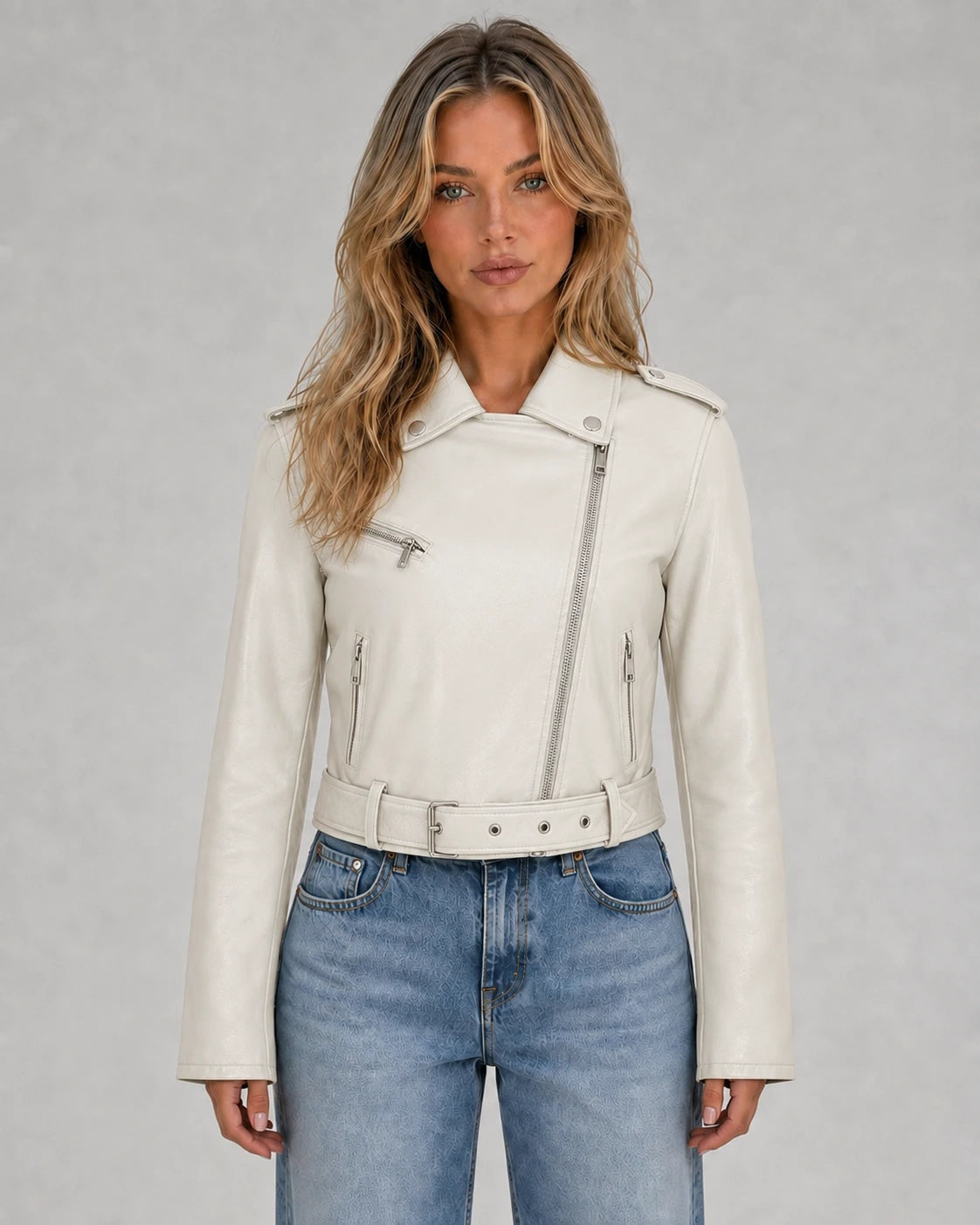 Chaqueta biker corta en color crema, con cierre asimétrico, solapas, bolsillos con cremallera y cinturón a juego.