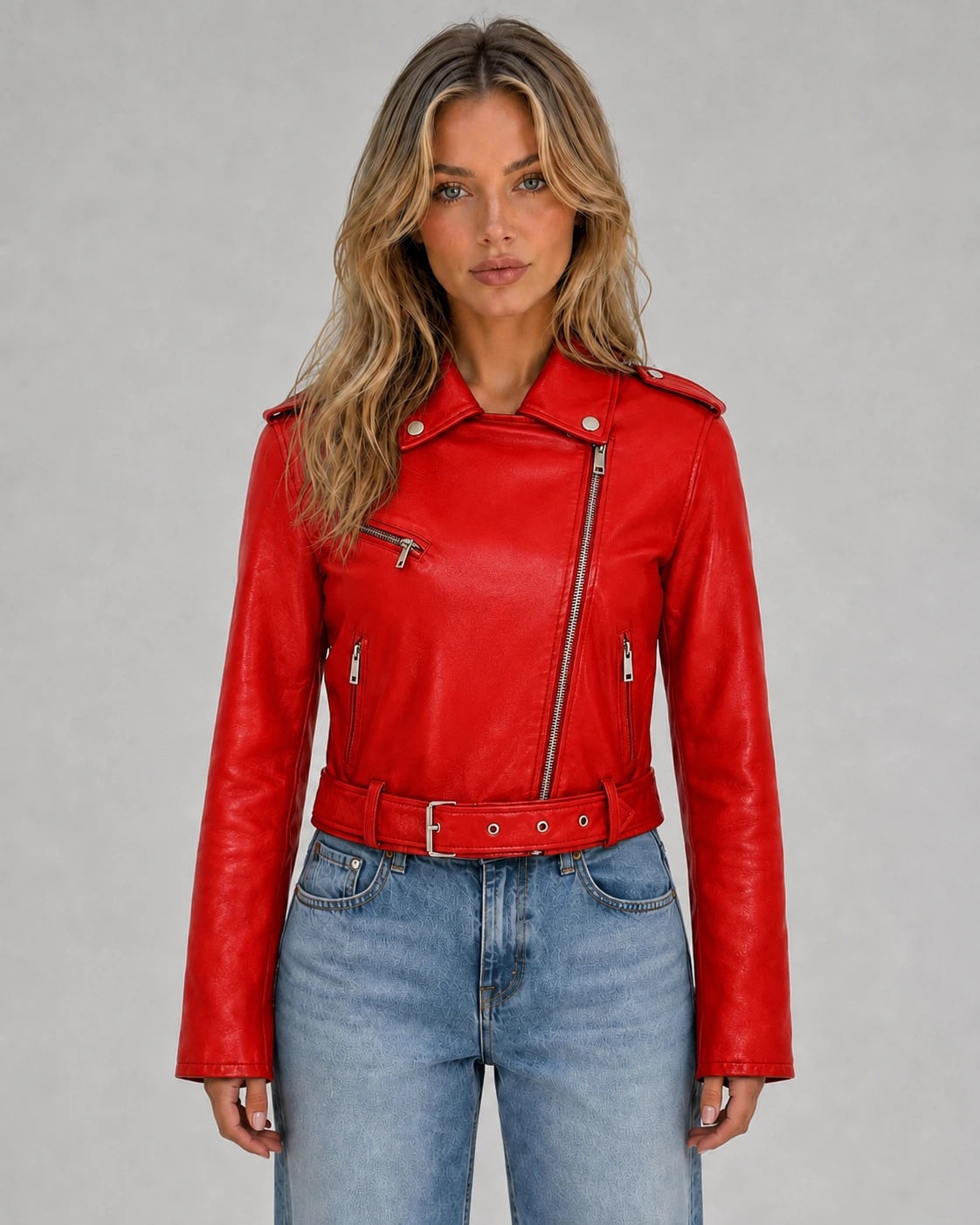 Chaqueta biker corta roja de estilo llamativo, con cierre asimétrico, solapas, bolsillos con cremallera y cinturón.