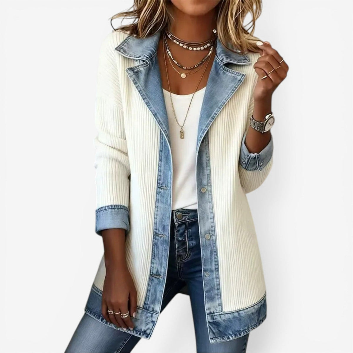 Chaqueta larga en tono claro con solapas, botones y detalles en contraste azul, llevada abierta sobre una camiseta blanca.
