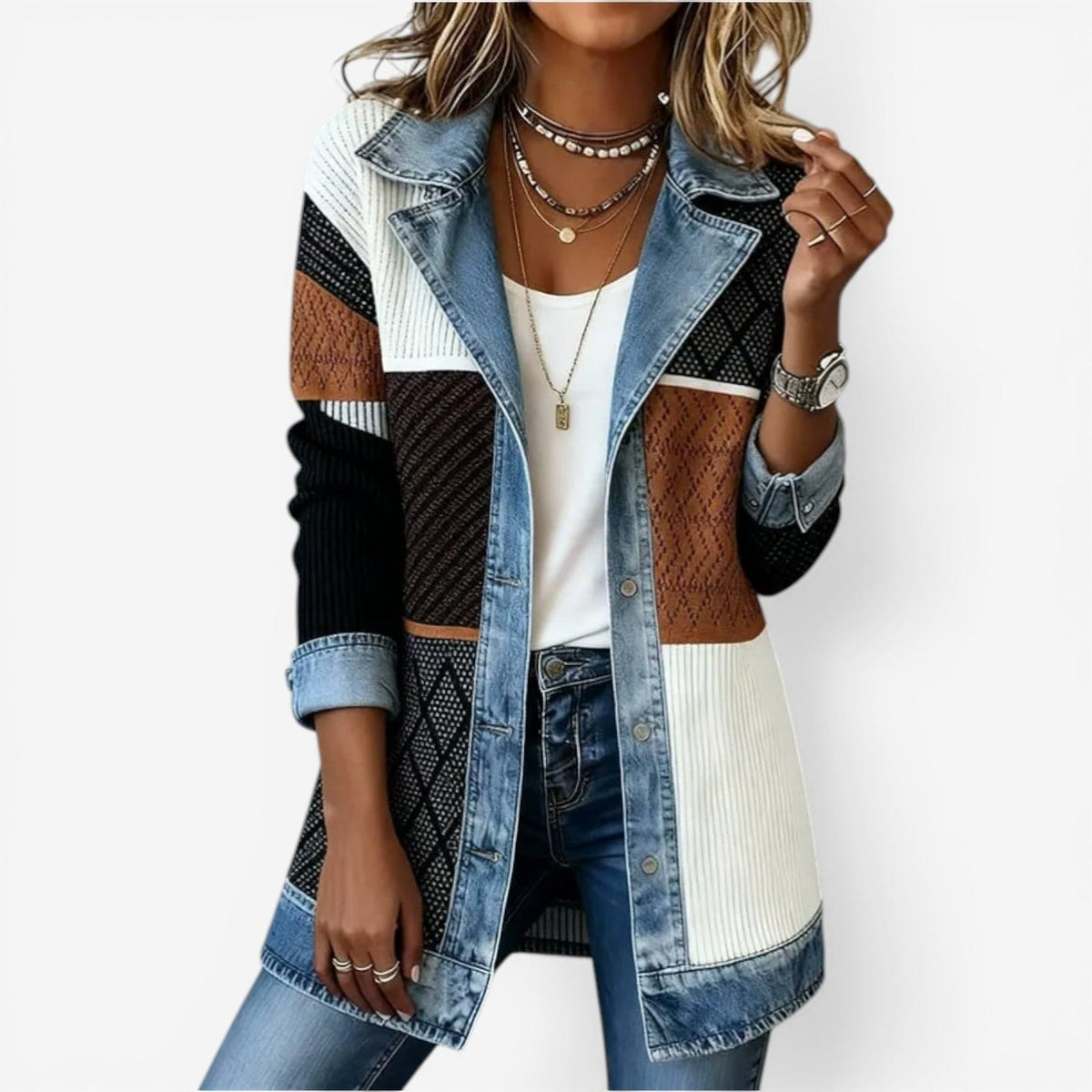 Chaqueta larga de diseño patchwork con paneles en varios tonos y texturas, solapas y remates azules en contraste.
