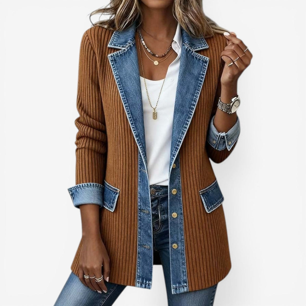 Chaqueta larga marrón con solapas y ribetes azules en contraste, bolsillos delanteros y mangas remangadas.