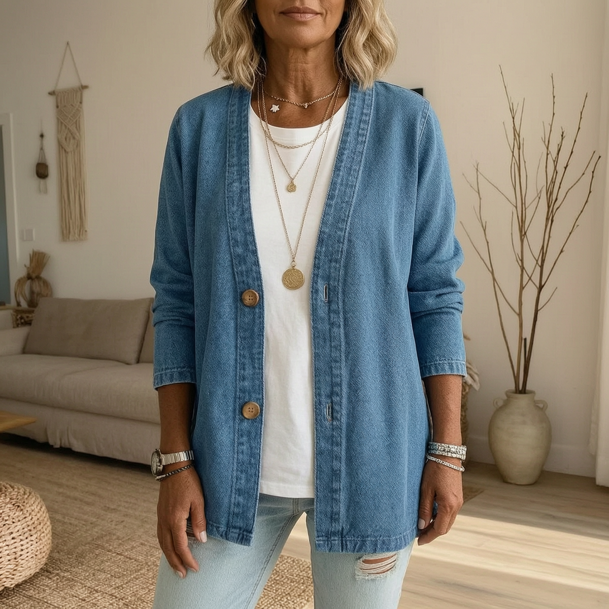 Chaqueta vaquera azul de corte holgado y diseño abierto, con botones delanteros, sobre una camiseta blanca.