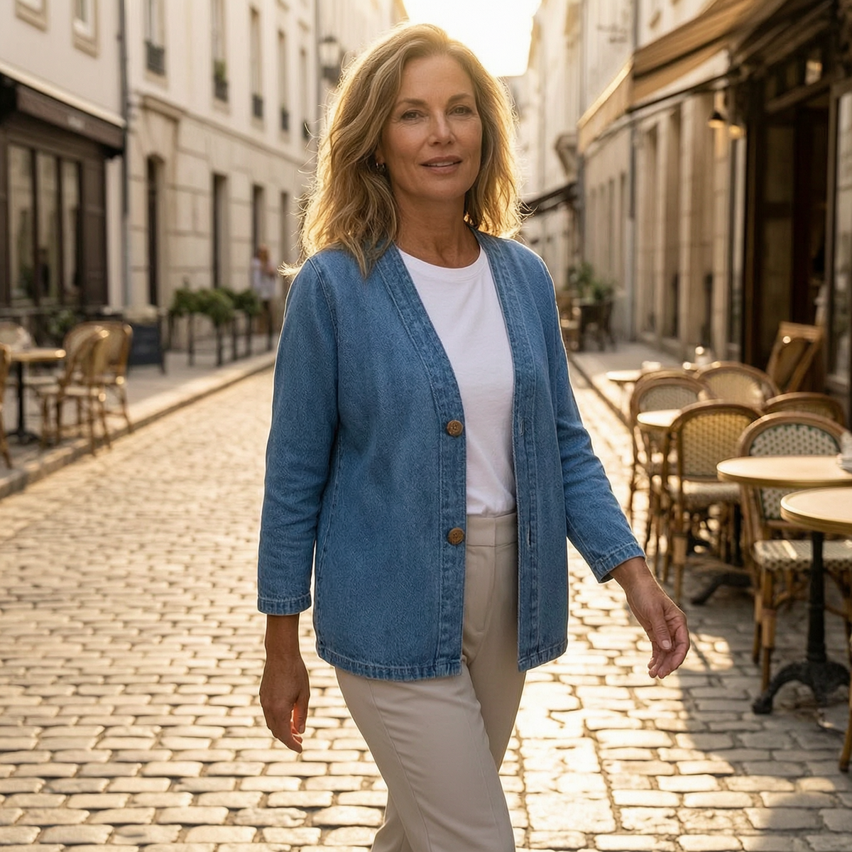 Chaqueta vaquera azul abotonada sobre una camiseta blanca, combinada con pantalón beige en una calle adoquinada.