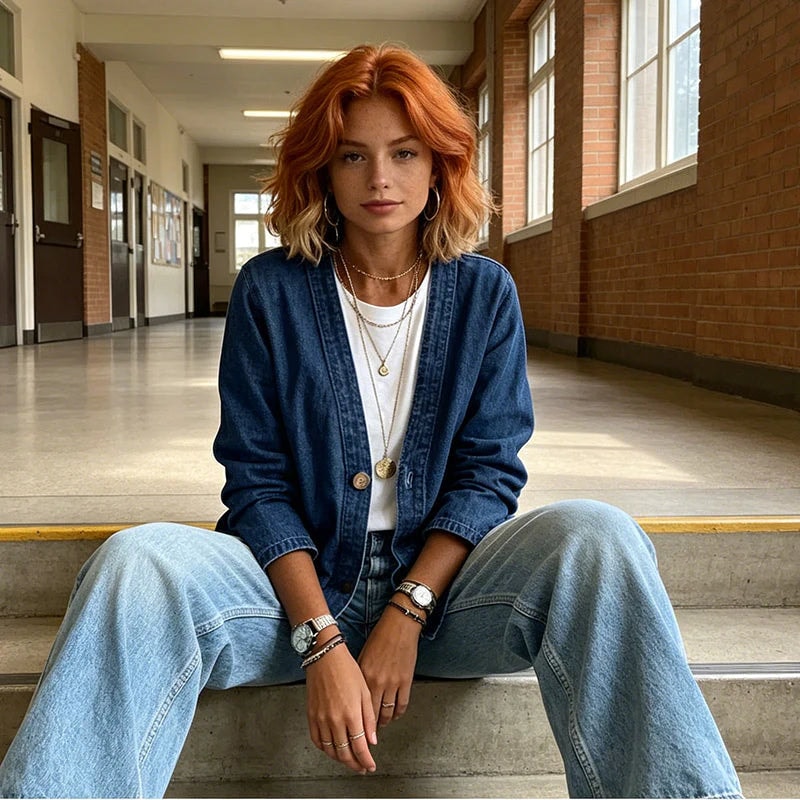 Chaqueta vaquera azul oscuro llevada abierta sobre una camiseta blanca, mientras la modelo está sentada con vaqueros claros.