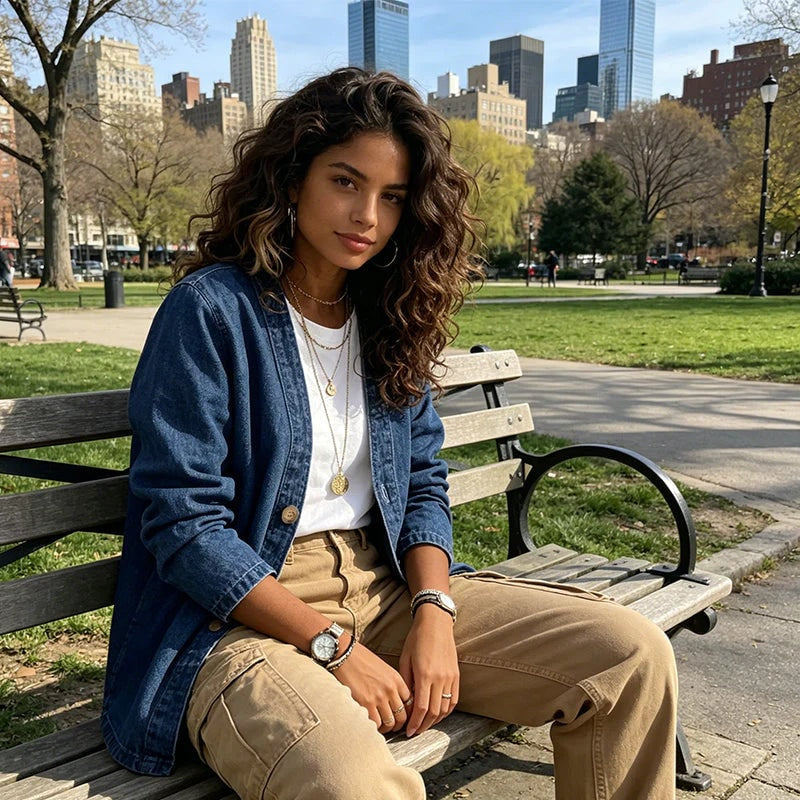 Chaqueta vaquera azul oscuro combinada con camiseta blanca y pantalón beige, llevada en un banco del parque.