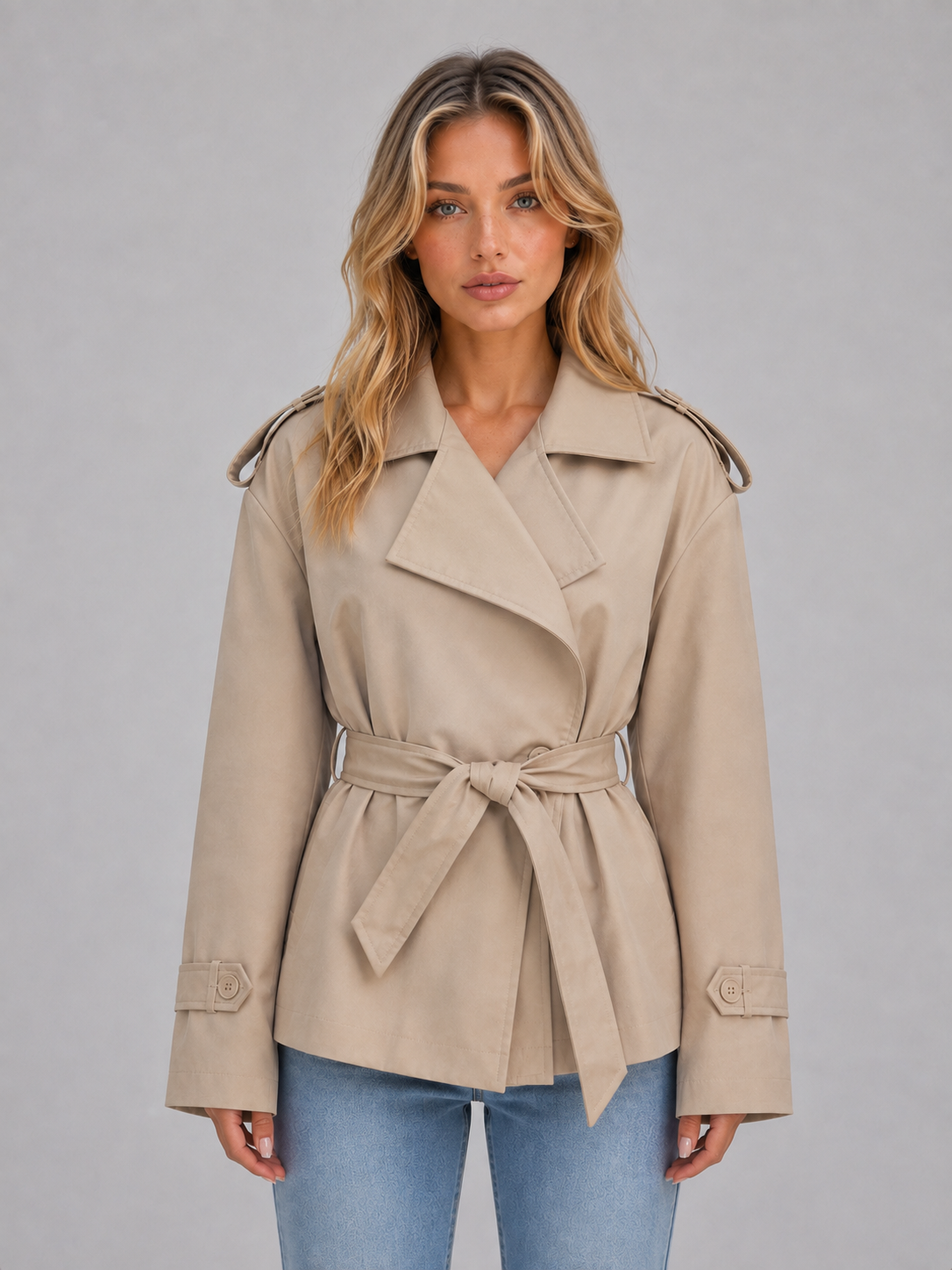 Gabardina corta color beige con solapas amplias, cinturón anudado a la cintura, hombreras con botones y puños abotonados, combinada con vaqueros.