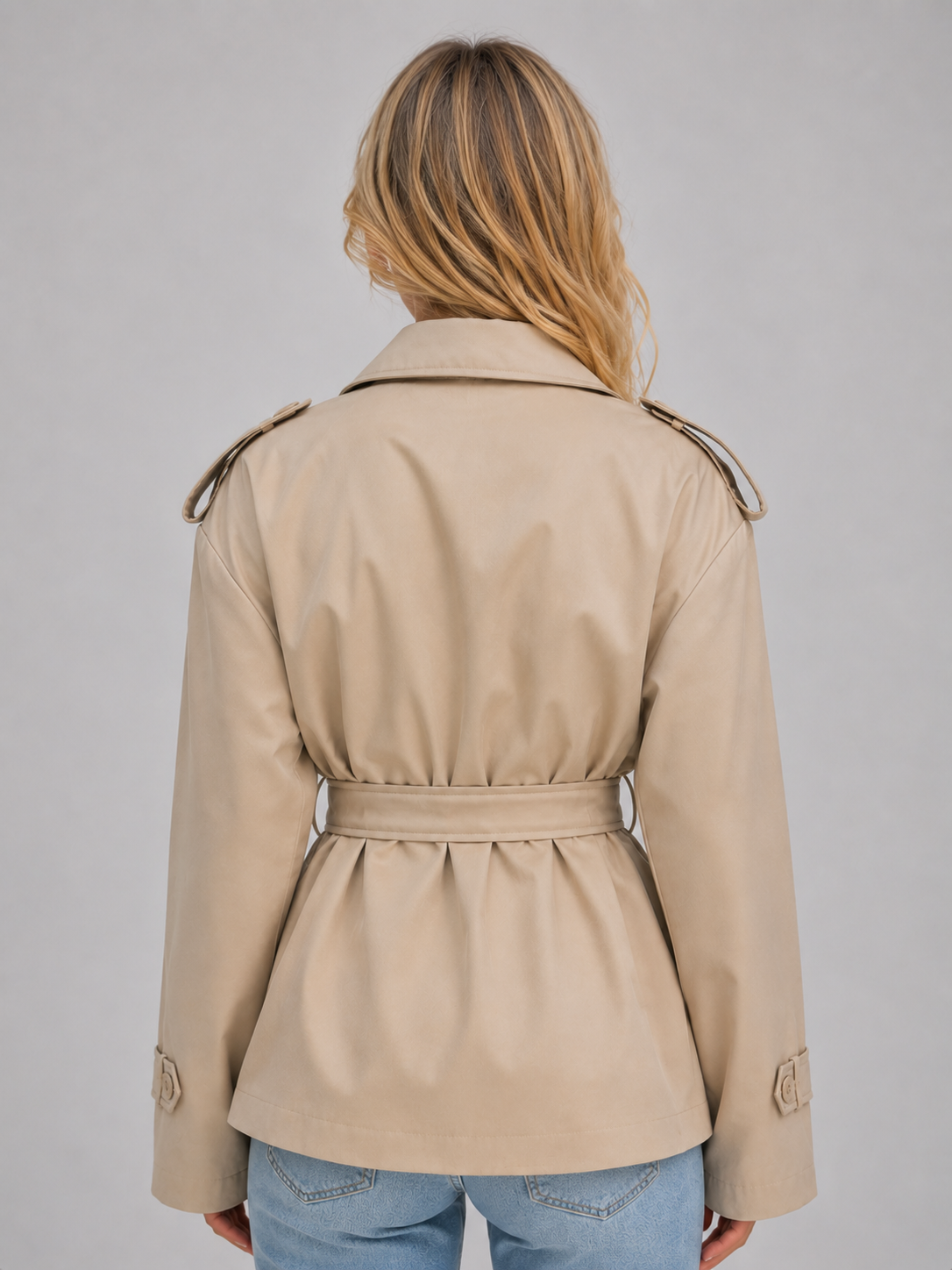 Vista posterior de una gabardina corta beige, con cinturón ajustado en la espalda, cuello amplio, hombreras con botones y bajo ligeramente acampanado.