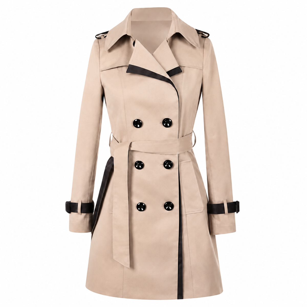 Gabardina de mujer en tono beige con doble botonadura de botones negros, cinturón, solapas amplias y detalles oscuros en el cuello, puños y delantero.