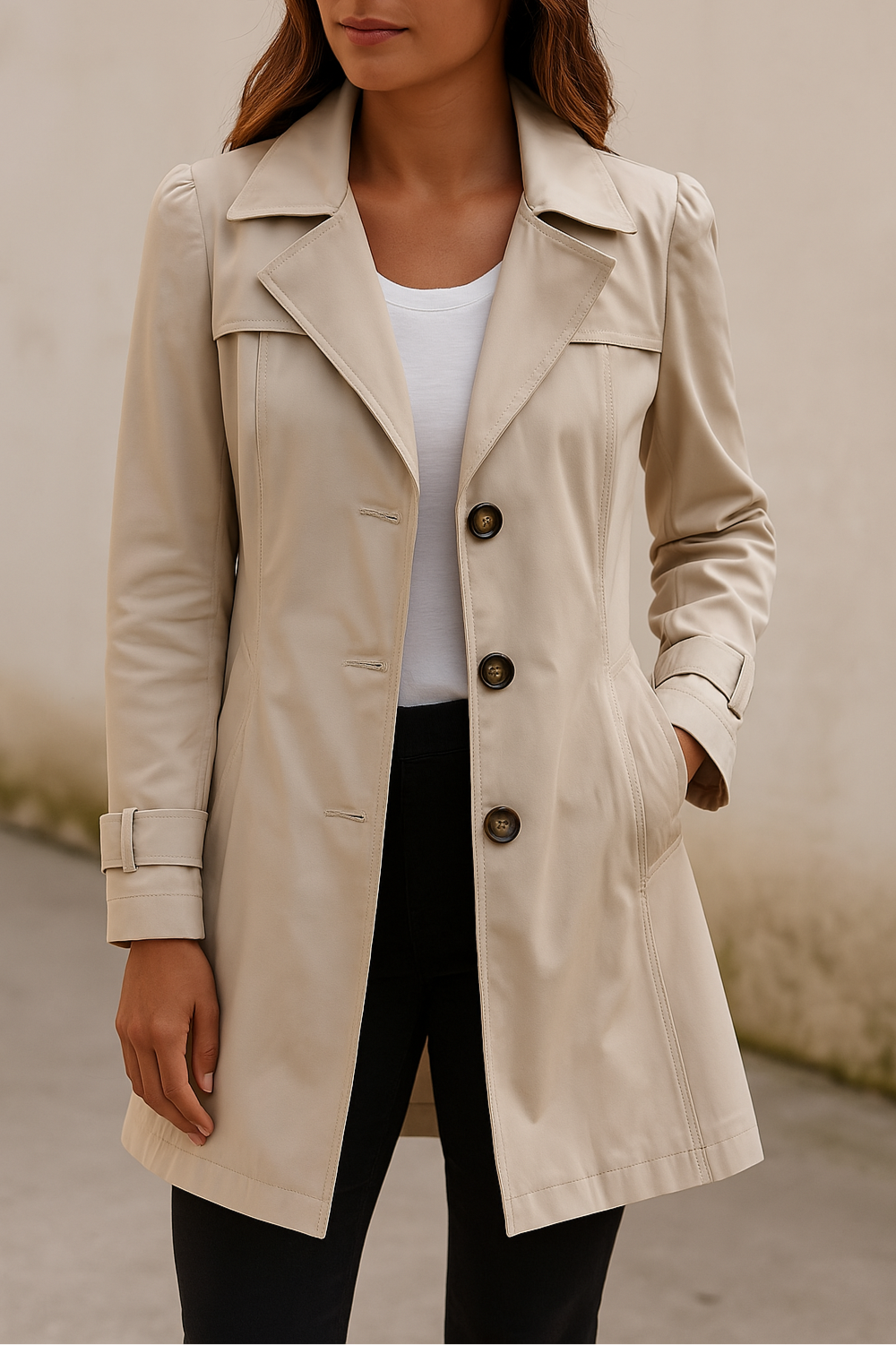 Gabardina entallada beige de botonadura simple, con solapas, cinturones en los puños y bolsillos laterales, llevada con camiseta blanca y pantalón negro.