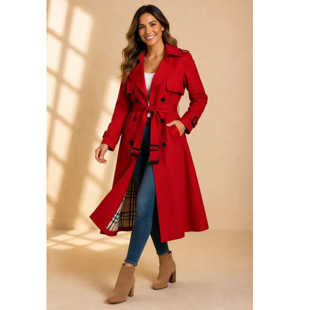 Gabardina larga roja cruzada con cinturón, cuello con solapas, bolsillos laterales y forro de cuadros visible en la parte interior.