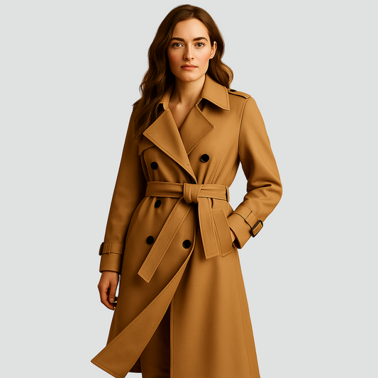 Gabardina midi cruzada en tono camel, con solapas amplias, doble hilera de botones, cinturón anudado y detalles de trabilla en hombros y puños.