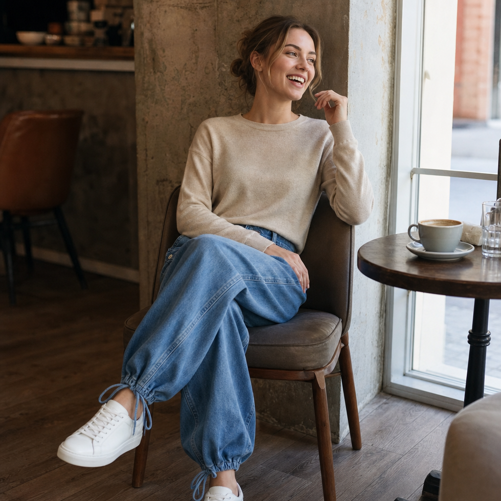 Jeans azules con pierna curva y bajos ajustables combinados con zapatillas blancas en un conjunto relajado.