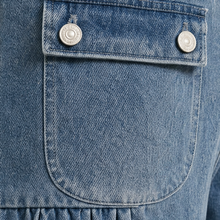 Detalle de un bolsillo aplicado con solapa y dos botones metálicos en los jeans azules.