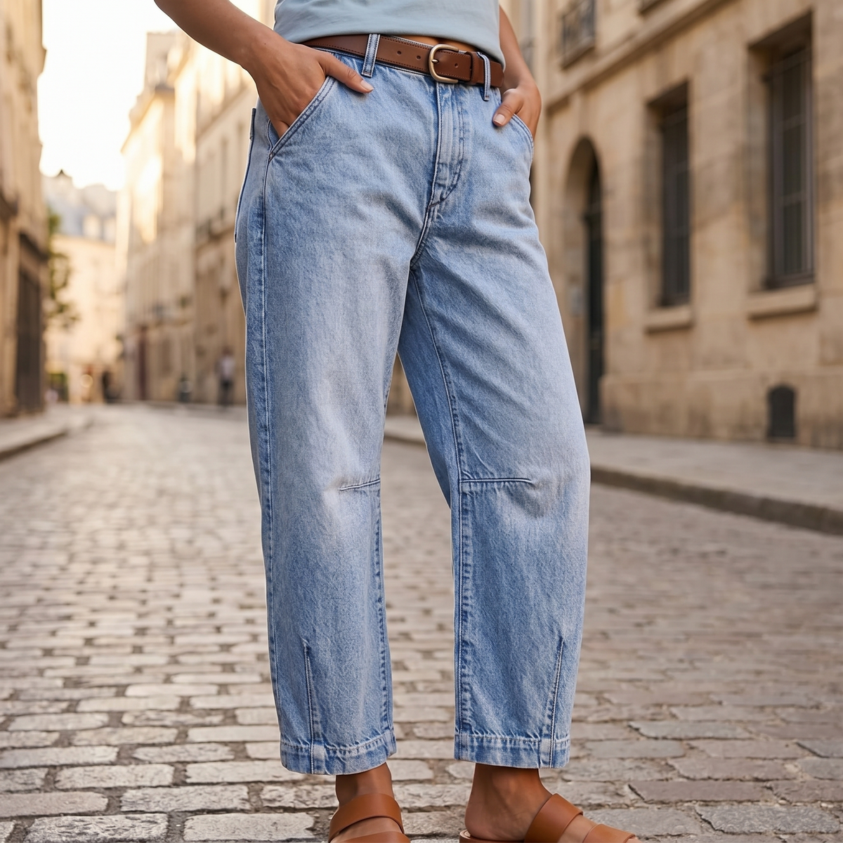 Jeans Marga de tiro alto y corte barril en azul claro, vistos de frente con pernera amplia al tobillo y sandalias marrones.