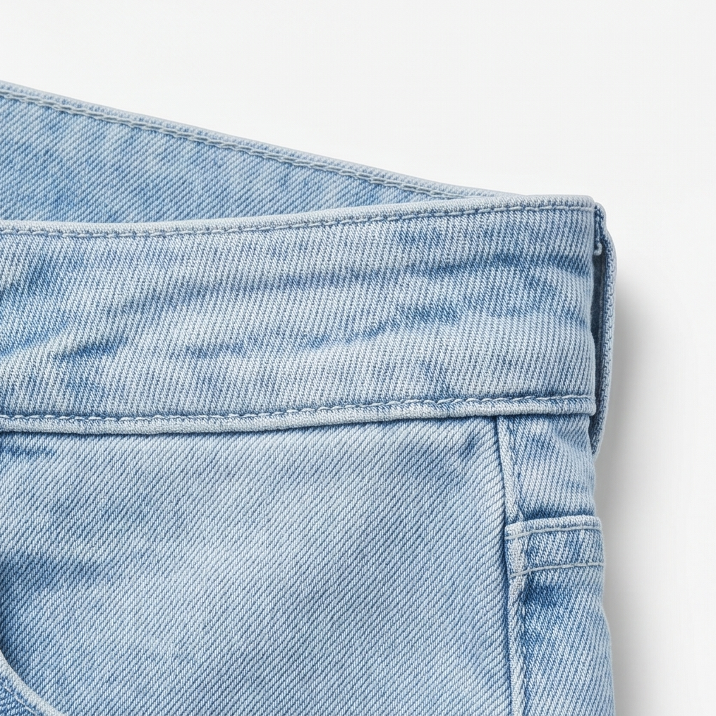 Primer plano de la parte superior de los jeans Marga, con la cintura alta, costuras horizontales y bolsillo lateral visibles.