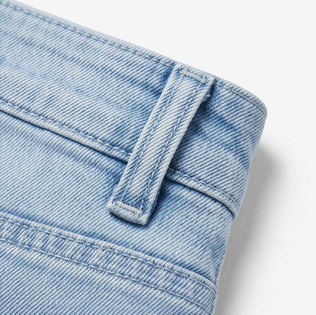 Detalle cercano de la cintura de los jeans Marga con una trabilla para el cinturón y costuras definidas.