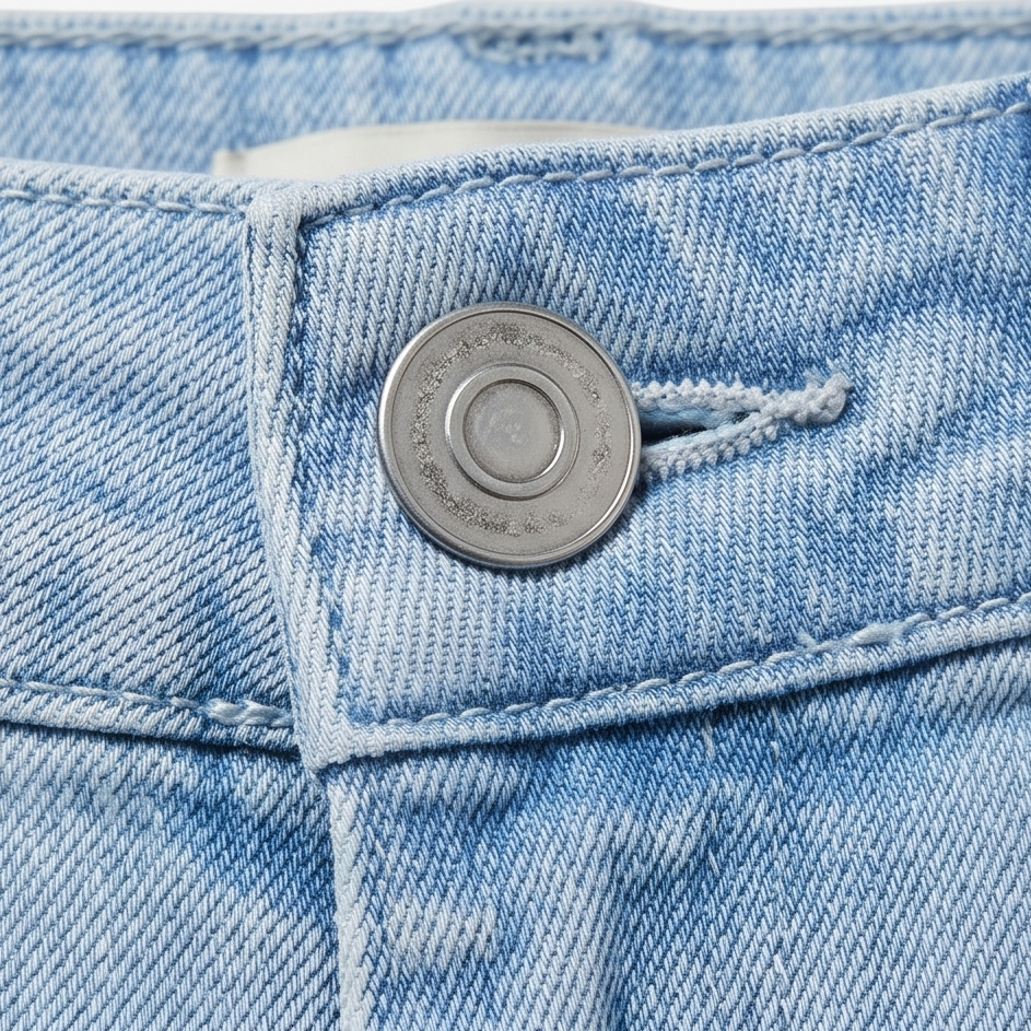 Primer plano del cierre de los jeans Marga, con botón metálico y presilla sobre la cinturilla.