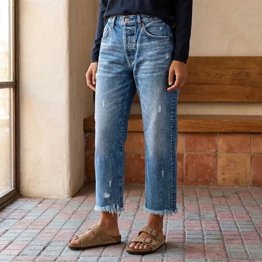Jeans rectos cropped azules con desgastados sutiles y bajo desflecado, combinados con sandalias.
