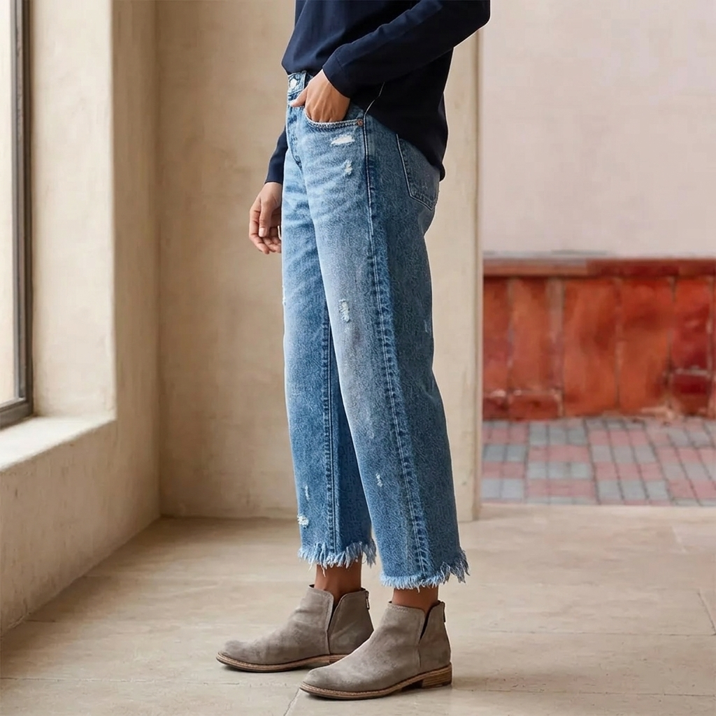 Vista lateral de los jeans rectos cropped azules, con bolsillos y bajo desflecado, combinados con botines.