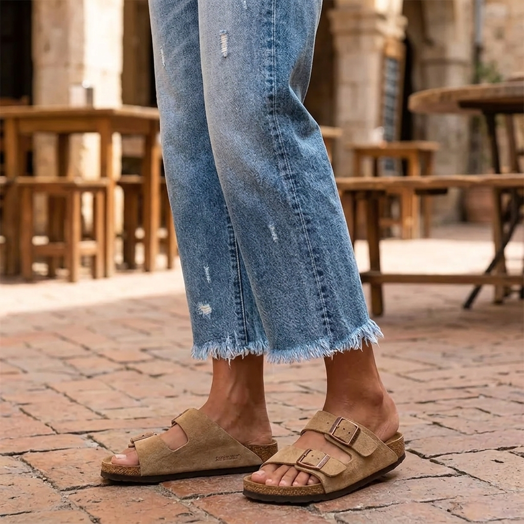Detalle de la pernera cropped azul y del bajo desflecado de los jeans junto a unas sandalias.