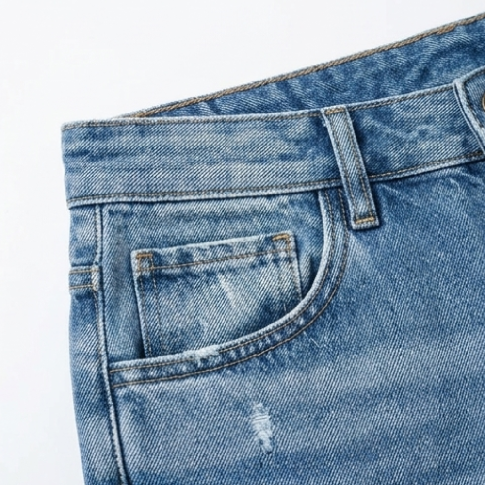 Detalle del bolsillo delantero y las trabillas de los jeans rectos azules, con un pequeño desgastado.