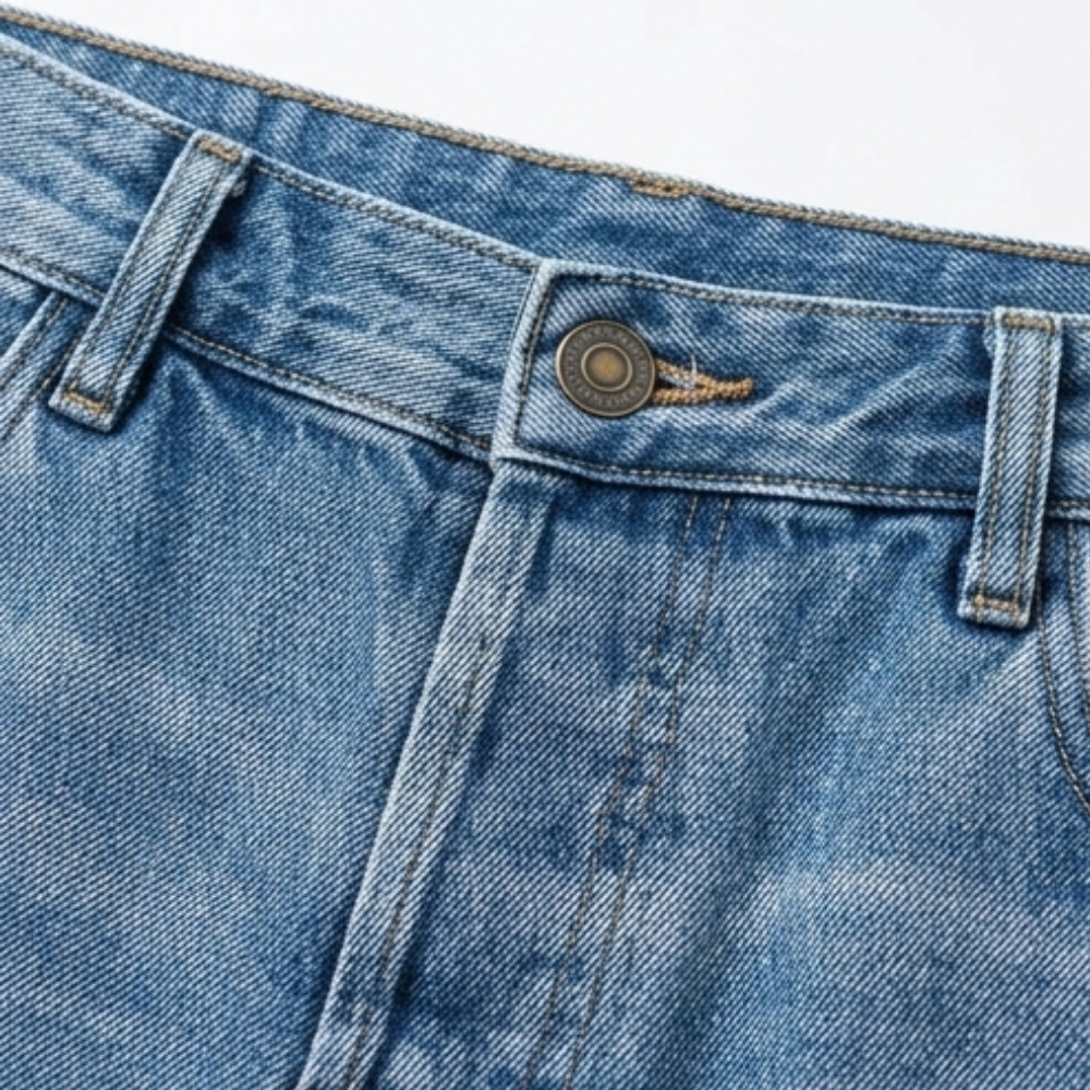 Primer plano de la cintura de los jeans azules con botón, bragueta y trabillas.