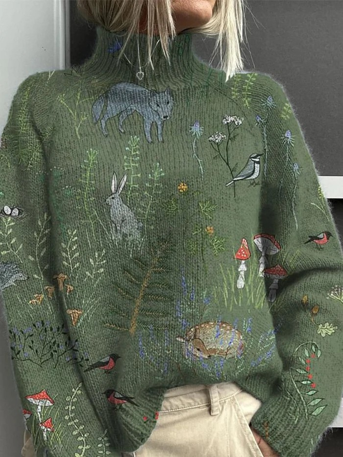 Jersey verde holgado de cuello alto con bordados variados de animales, plantas, setas y otros motivos del bosque.