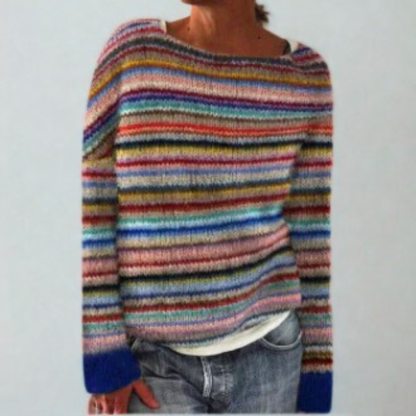 Jersey de cuello redondo y mangas largas con numerosas rayas horizontales multicolores y puños azul oscuro.