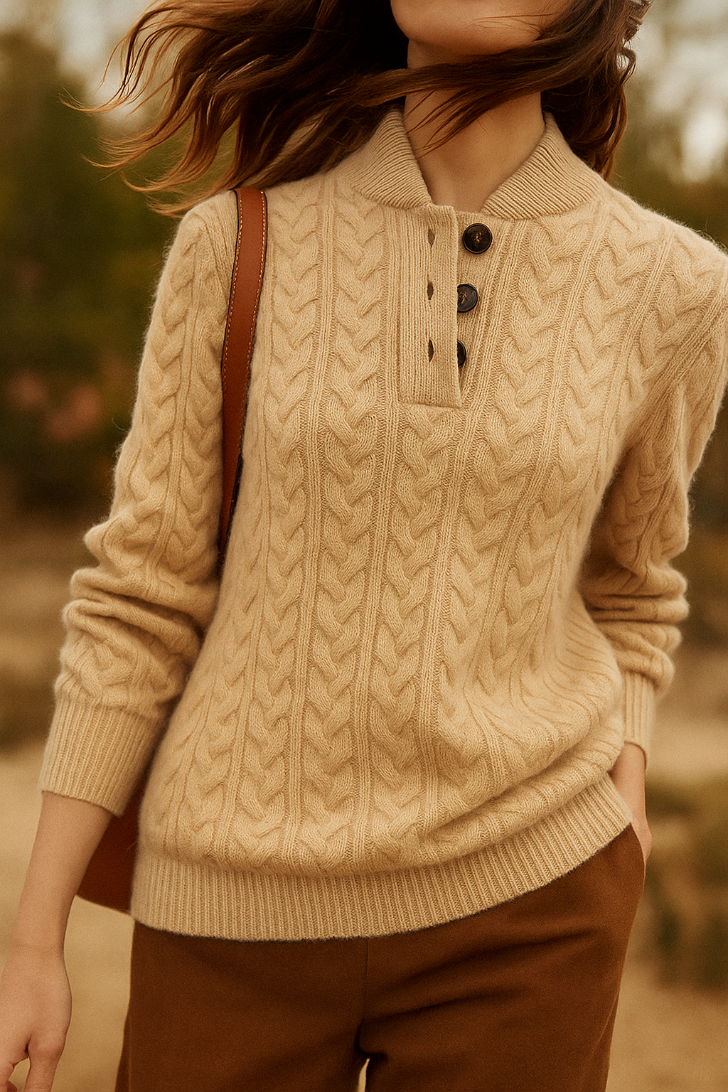 Vista frontal del jersey beige con textura de trenzas, cuello con botones y bolso de correa sobre el hombro.