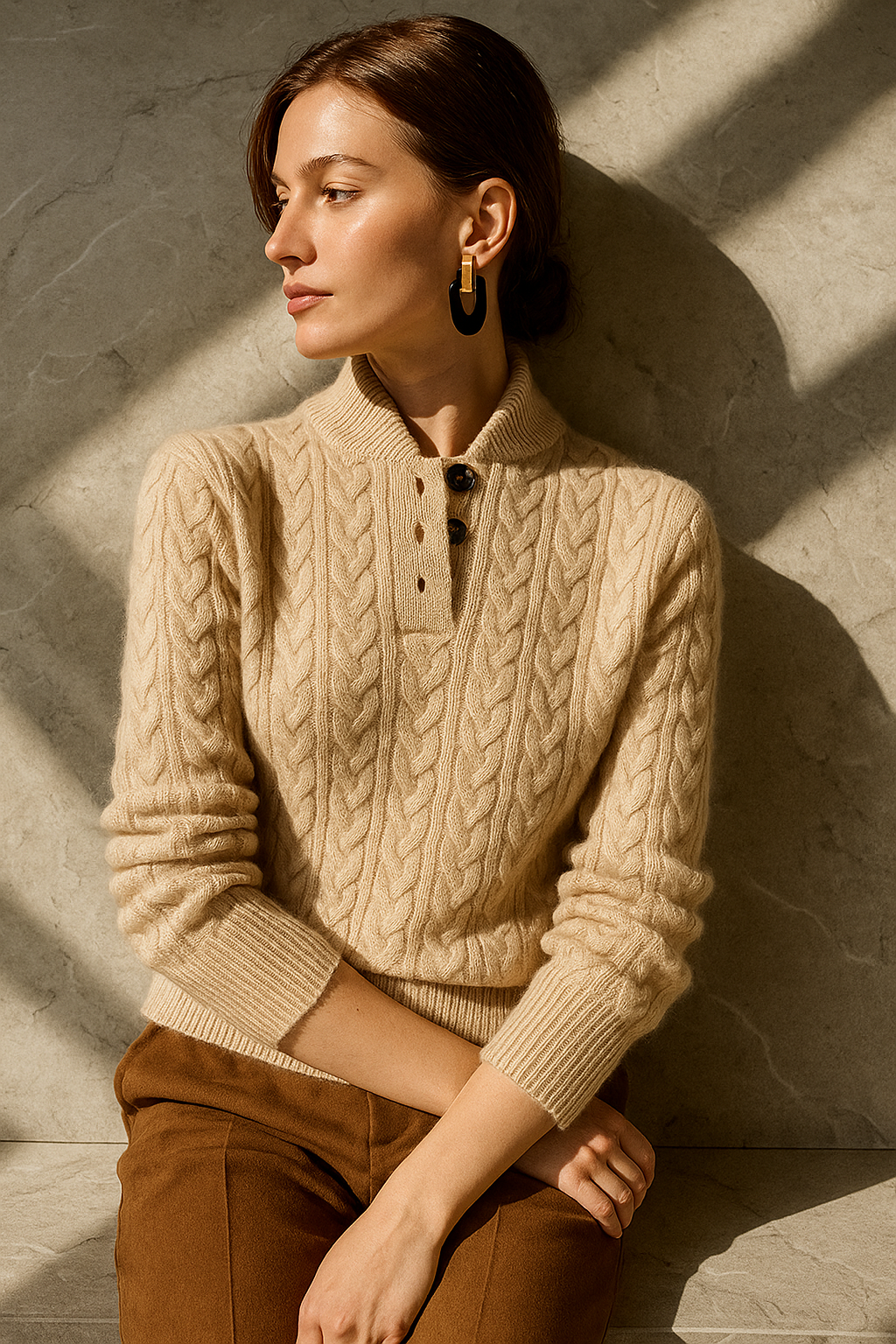 Modelo sentada con jersey beige de punto trenzado, cuello alto con botones y mangas recogidas.