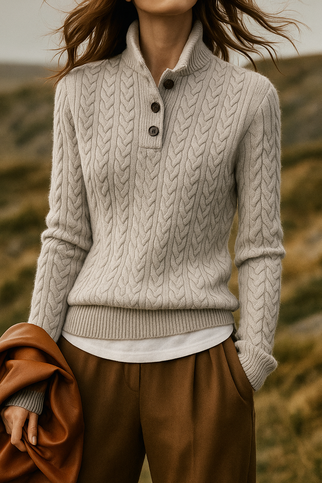Jersey gris claro de textura trenzada y cuello abotonado, combinado con camisa blanca y pantalón marrón.