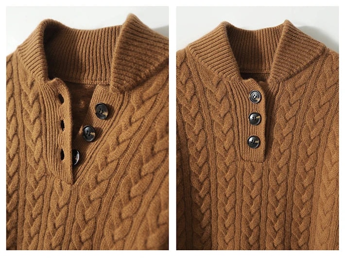 Primer plano comparativo del cuello alto del jersey marrón, con botones y panel de punto trenzado.