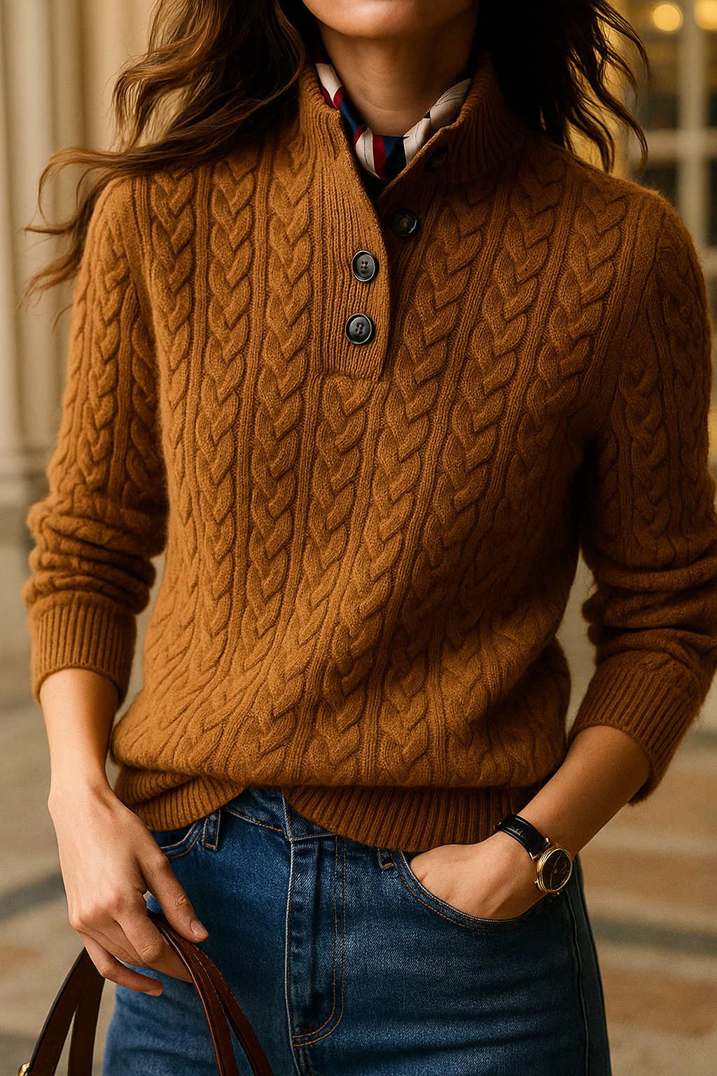 Vista frontal del jersey marrón con trenzas verticales y tres botones en el cuello, combinado con vaqueros.