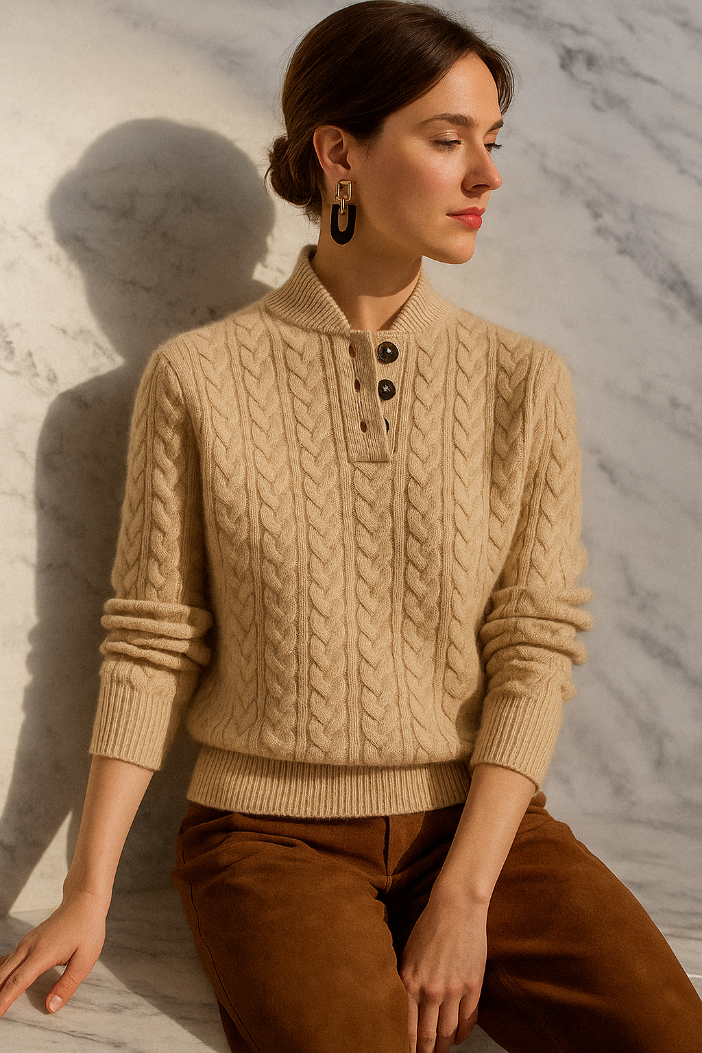 Modelo con jersey beige de punto trenzado y cuello abotonado, sentada frente a una pared iluminada.