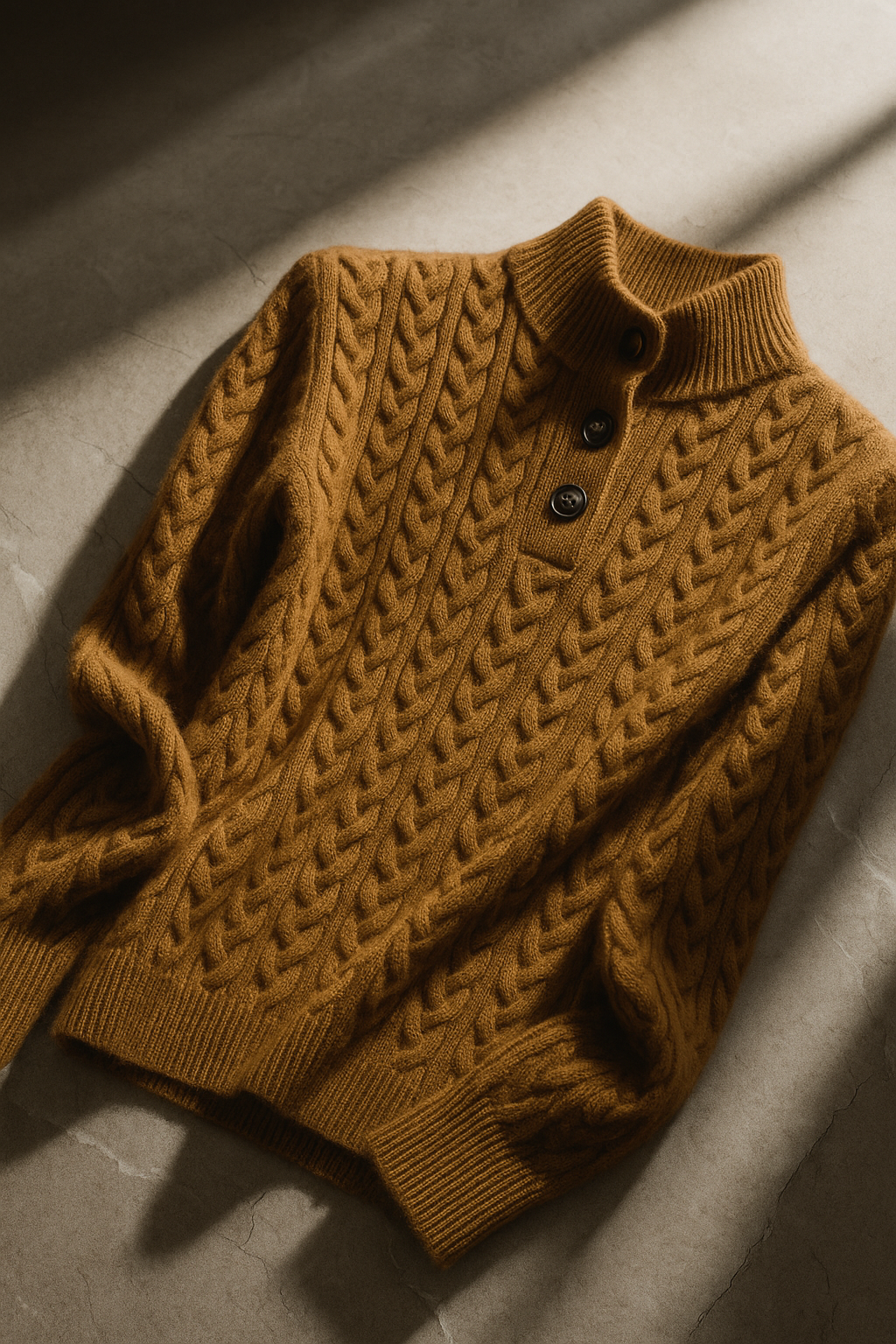 Jersey marrón de punto trenzado extendido sobre una superficie, con cuello alto abotonado y puños acanalados.