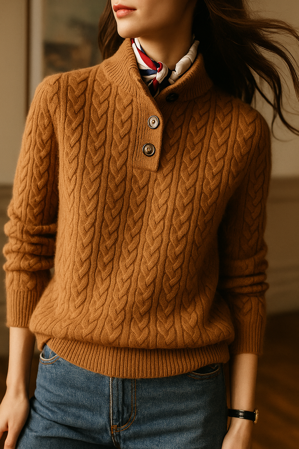 Detalle del jersey marrón de cuello abotonado y textura trenzada, llevado con vaqueros desde una vista ligeramente lateral.