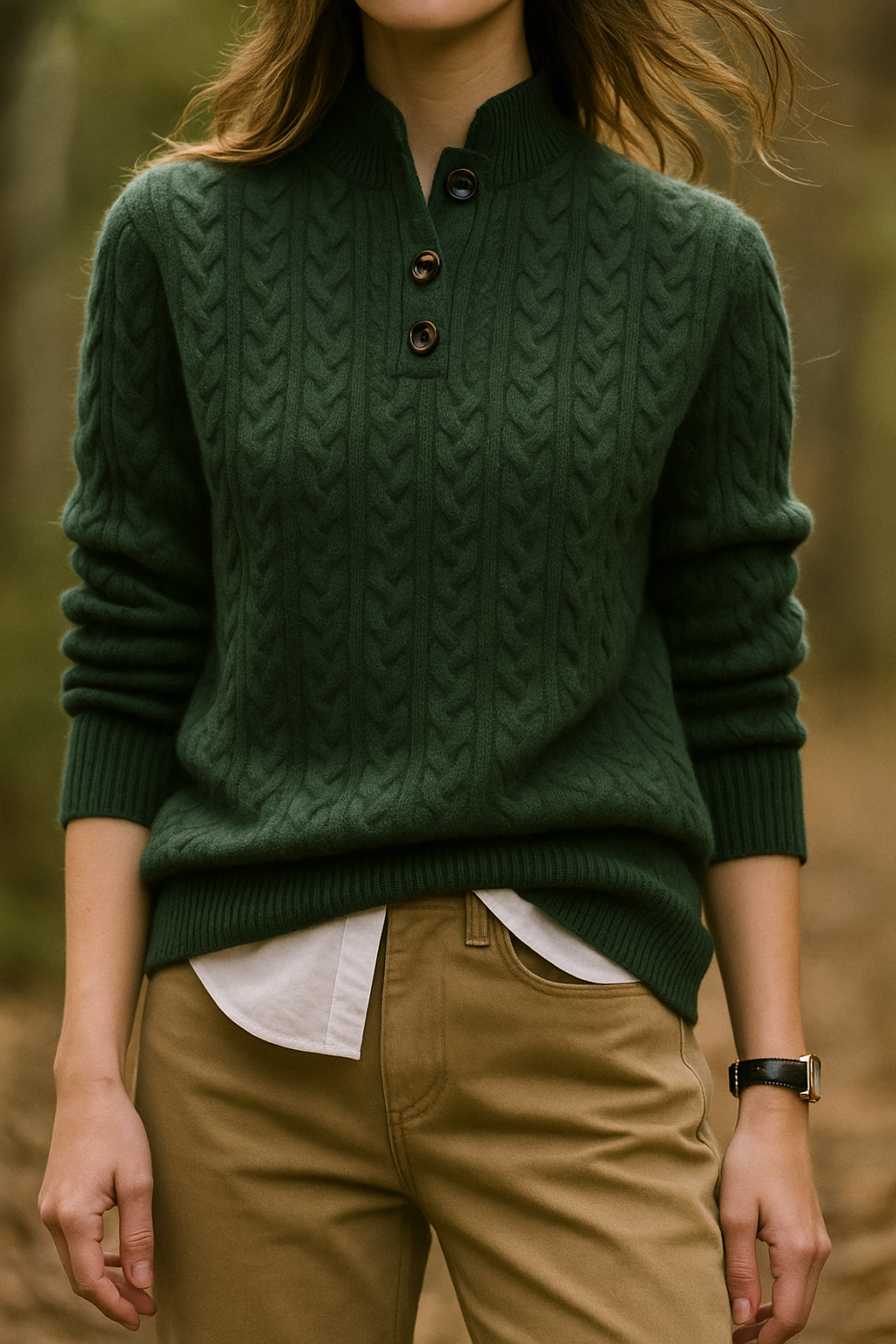 Modelo con jersey verde oscuro de punto trenzado, cuello alto con botones y pantalón beige.