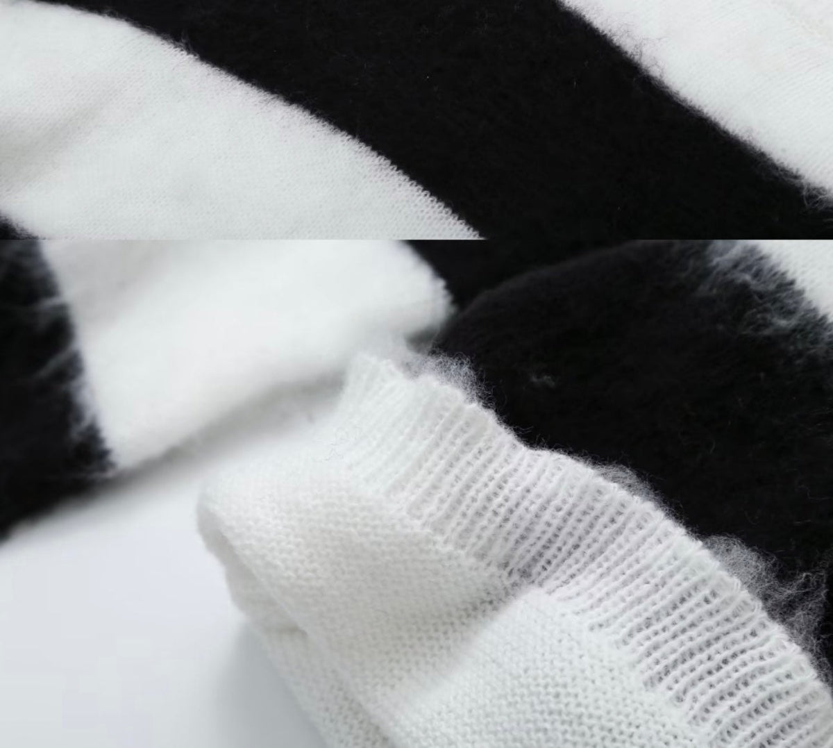 Primer plano de un puño ancho de jersey claro sobre una prenda de contraste en blanco y negro.