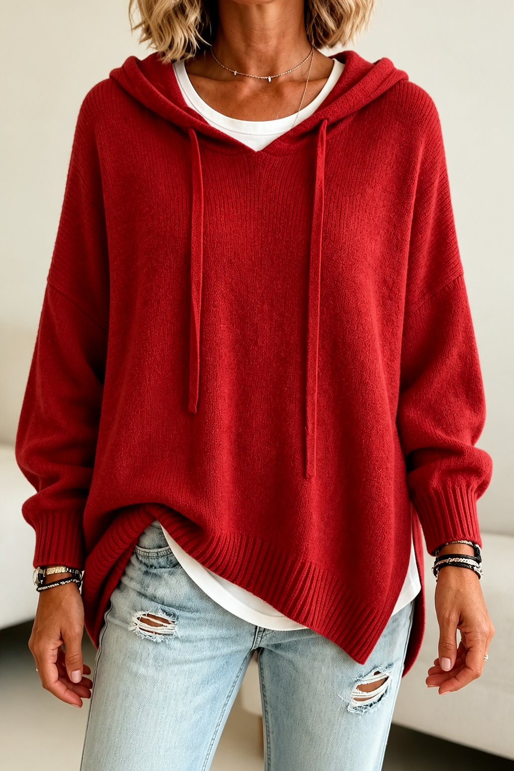 Jersey oversize rojo con capucha, cordones largos, hombros caídos y puños acanalados.