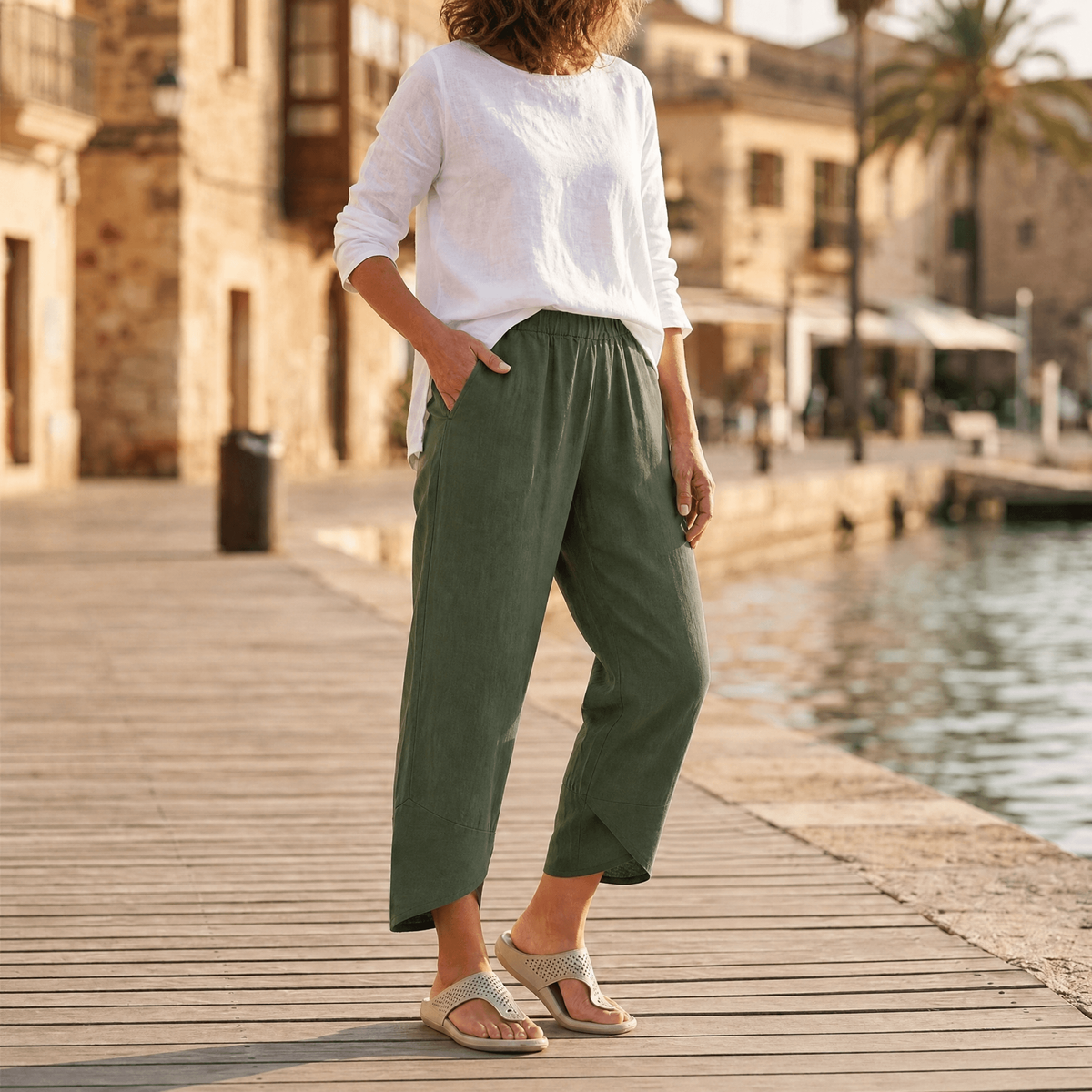 Pantalón cropped verde de pierna ancha con bajo asimétrico, combinado con una camiseta blanca.