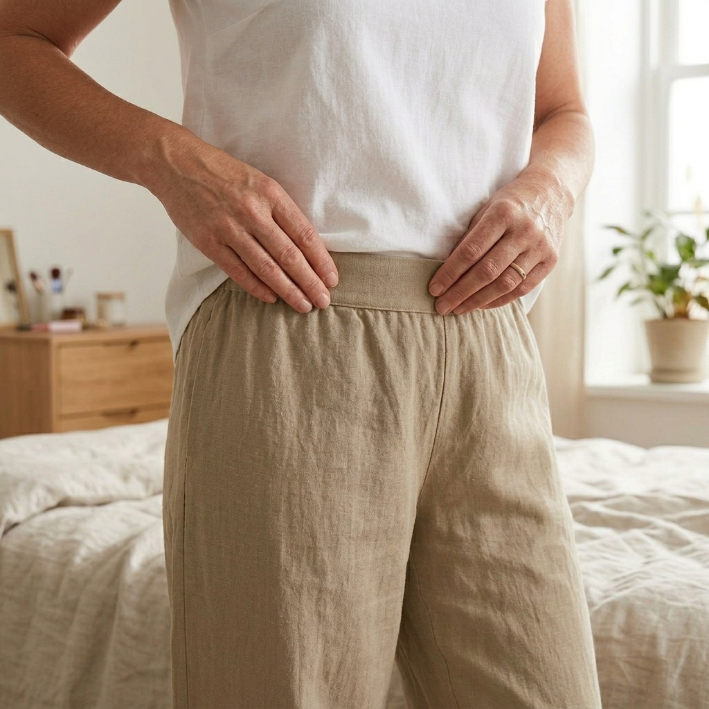 Detalle frontal de la cintura elástica del pantalón cropped beige.