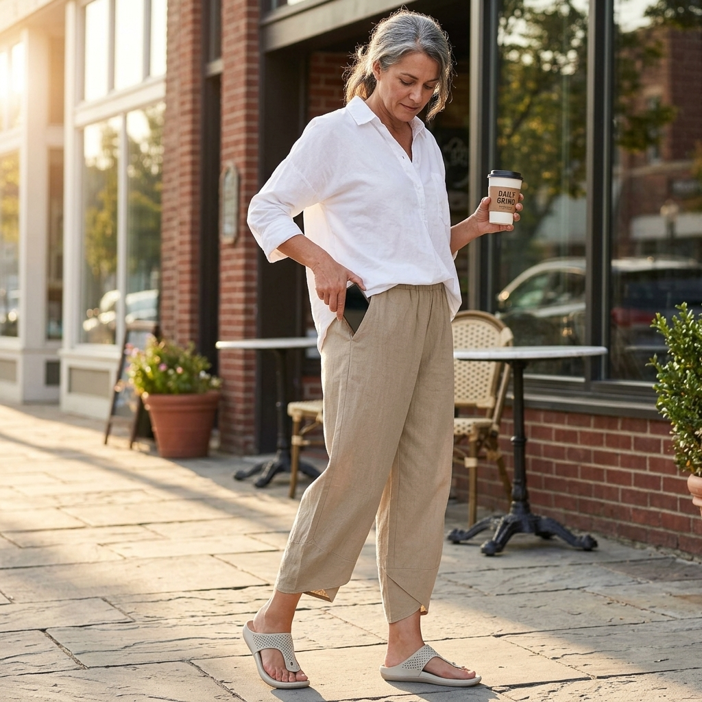 Vista lateral del pantalón cropped beige de pierna ancha con bajo asimétrico, combinado con una camisa blanca.