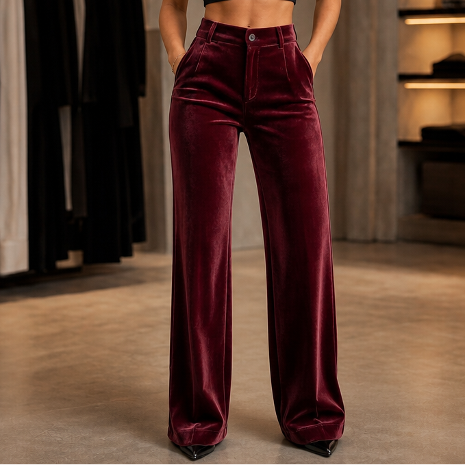 Pantalón de tiro alto y pierna ancha en tono burdeos, mostrado de frente con bolsillos laterales.