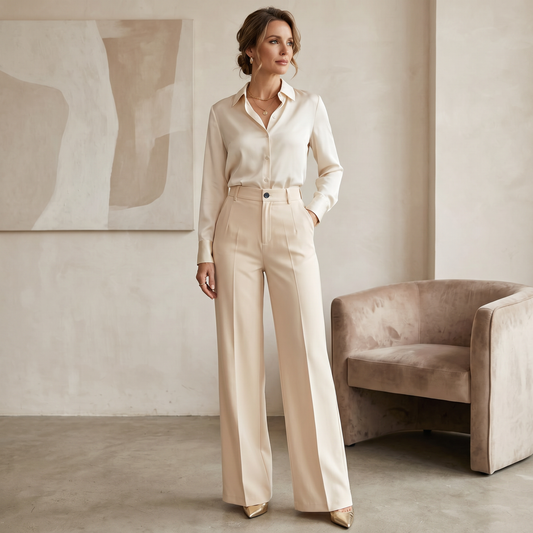 Pantalón de vestir beige de tiro alto y pierna recta, combinado con camisa clara en un conjunto elegante.