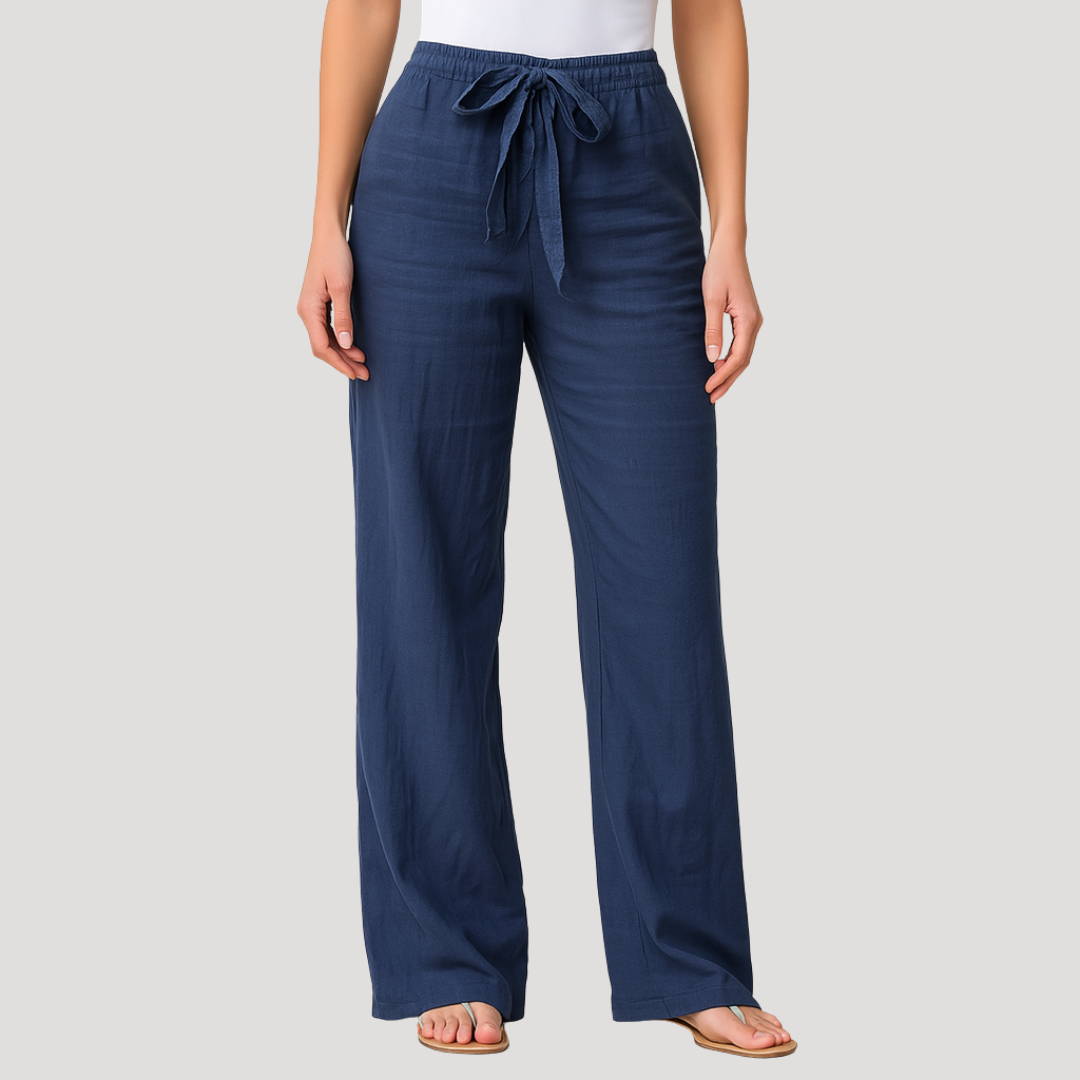 Pantalón recto azul marino de tiro alto, con cintura elástica y cordón anudado al frente.