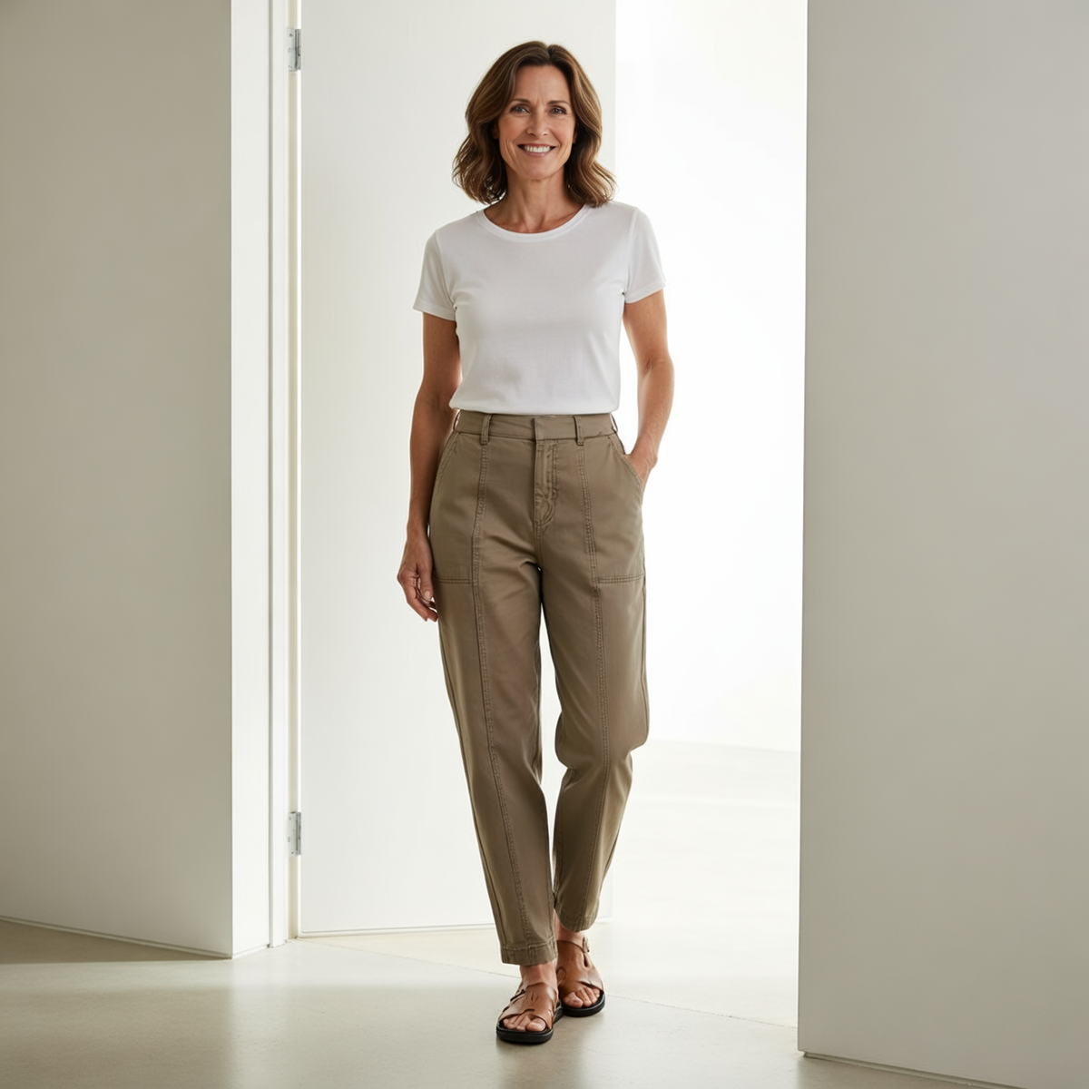 Vista frontal del pantalón utility beige de tiro alto, con la modelo caminando y las manos en los bolsillos.